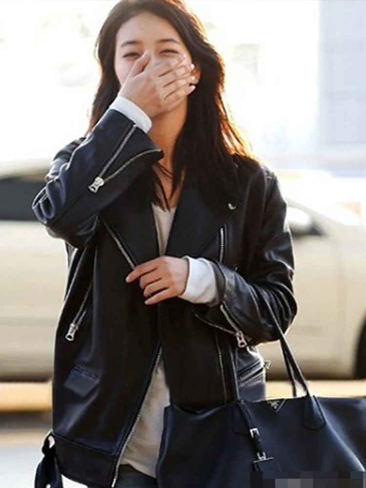 正規総輸入元 韓国スタイルレディース本革ジャケットトップ品質の本物の羊革コートジッパー襟オーバーコート 最安値で買 Ongoing Southloopmarket Com