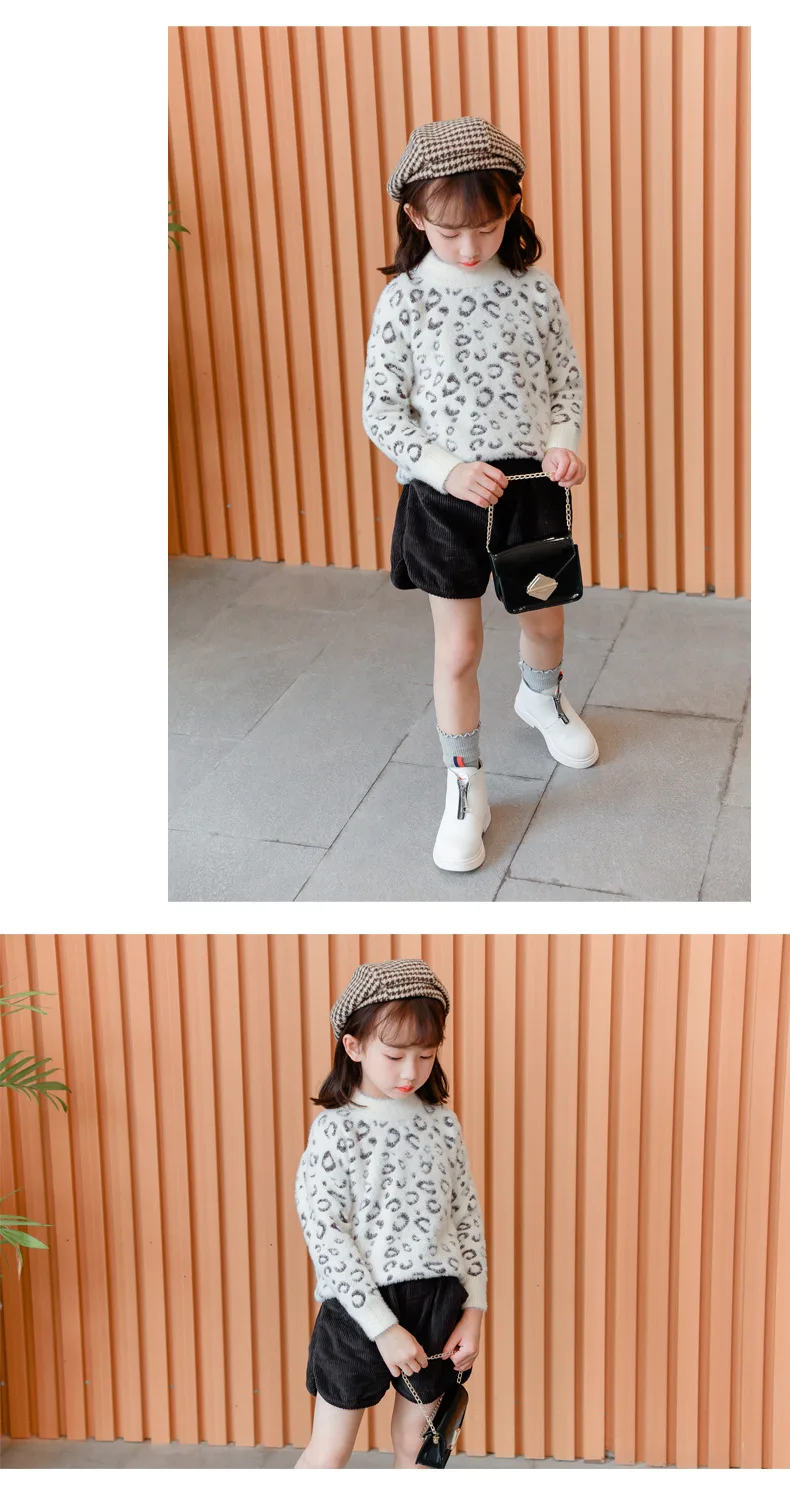 Girls velvet sweater autumn and winter new leopard pattern hooded fashion bottoming children's sweater children's clothing tide