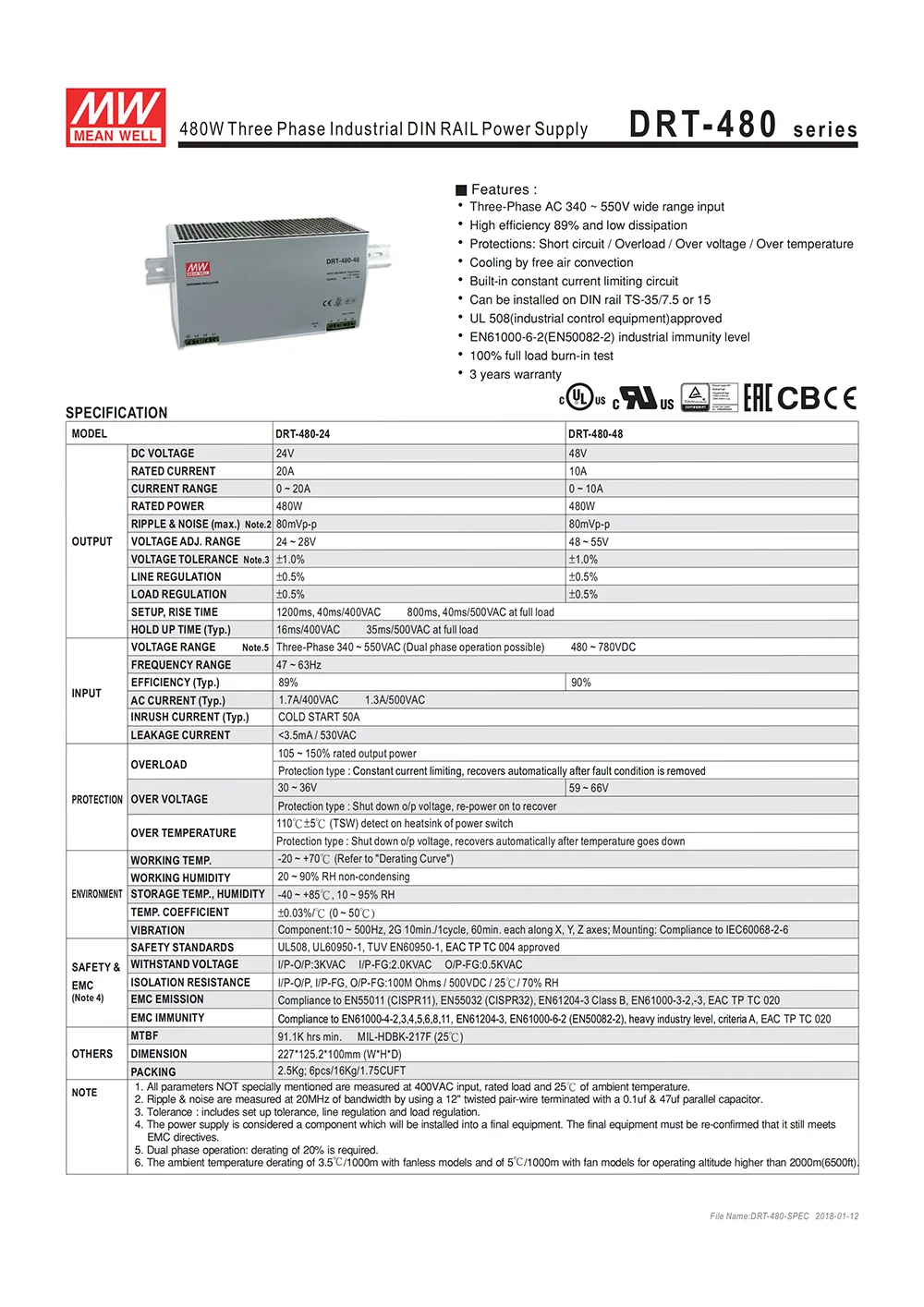 MEAN WELL DRT-480-48 480 Вт 48 В трехфазный din-рейка импульсный источник питания 48 В DC 10A блок питания PSU Трансформатор smps