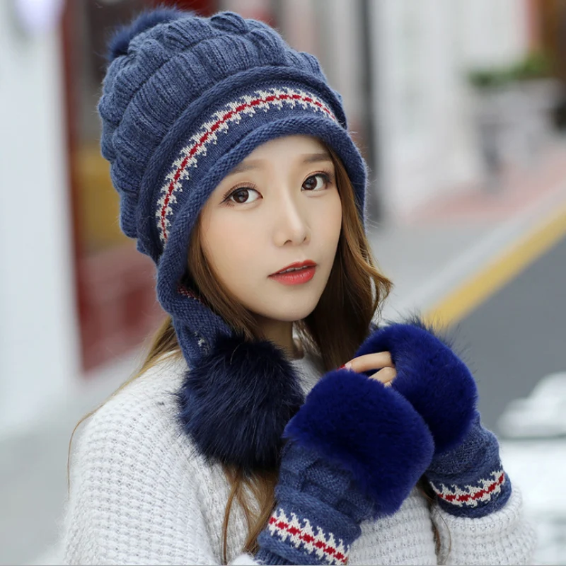 Милая утолщенная Лыжная шапка для девочек, новая модная зимняя женская шапка с помпонами из кроличьего меха, женские шапки, теплые перчатки Skullies+ вязаная шапка, комплект - Цвет: Dark blue Hat gloves