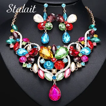 

Wedding Bridal Jewelry Sets Water Drop Crystal Butterfly Statement Jewelry Set Gold Color Chain Necklace Set For Women Gifts