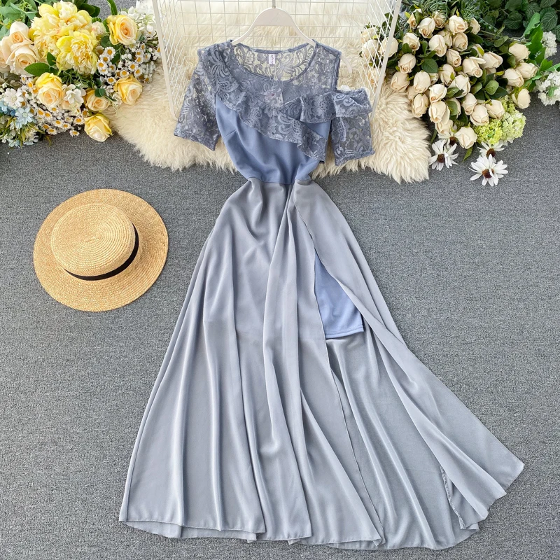 light blue Платья с открытыми плечами и оборками, тонкое сексуальное кружевное платье с разрезом, весна-лето, туника, повседневные, вечерние, для женщин, миди, длинное, элегантное платье - Цвет: light blue