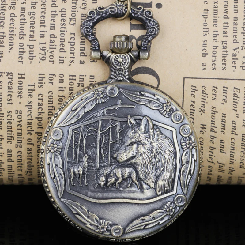 Antique Wolves Carved Quartz Pocket Watch With Bronze Necklace Animal Watch Pendant Unisex
