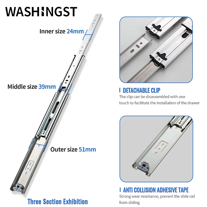 WASHINGST Heavy Duty Drawer Slide 51/71mm Wide Three Section Full Exhibition Cold Rolled Steel Ball Bearing Industrial images - 6