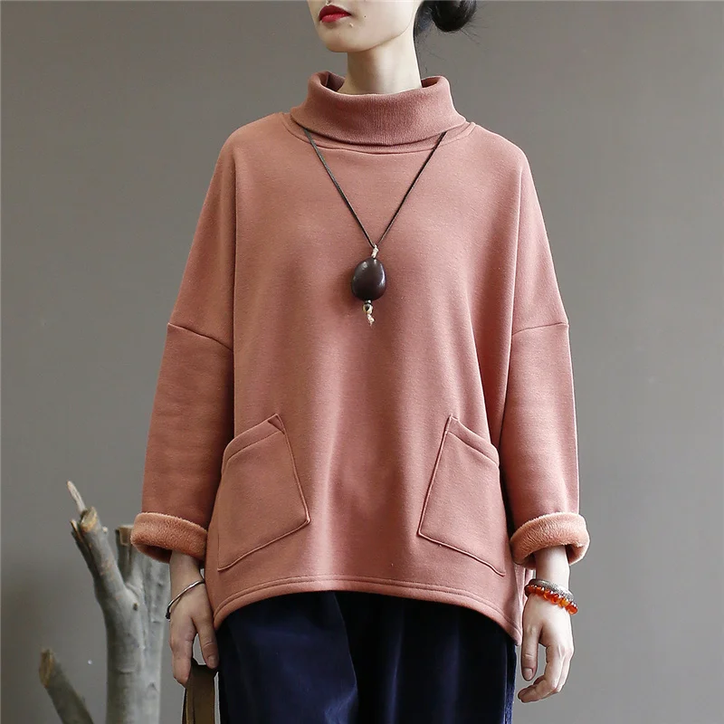 Розовый QPFJQD Ladies Turtleneck Pullover Sweatshirt Spring Autumn Long Sleeve Cotton Women Clothes Warm Winter Casual Pocket Sweatshirt - Цвет: Розовый
