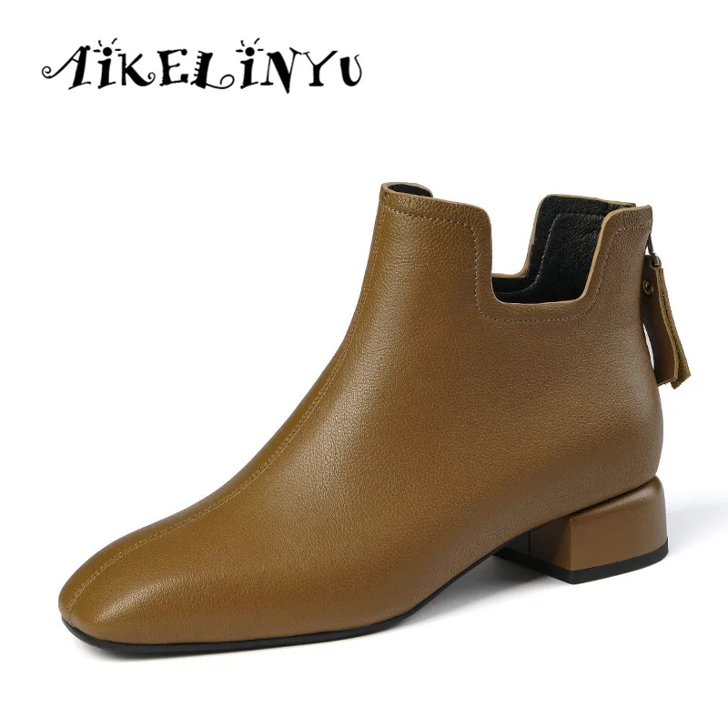 

AIKELINYU Fashion Women's boots Spring/Autumn Genuine Leather Boots Woman Basic High Top Ankle Boots Booties Pump Med Heels Shoe