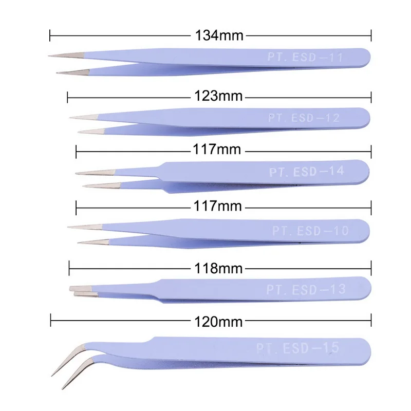 6 шт. антистатические пинцеты из нержавеющей стали набор инструментов для ремонта электроники набор прецизионных моделей ручной набор инструментов - Тип головки пинцета: Purple 6pcs set
