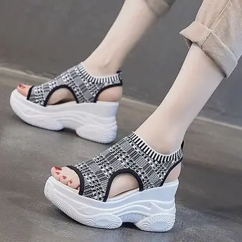 Sandalias de cuña con suela gruesa para mujer, zapatos de tacón alto con plataforma interior, calzado elástico, moda de verano