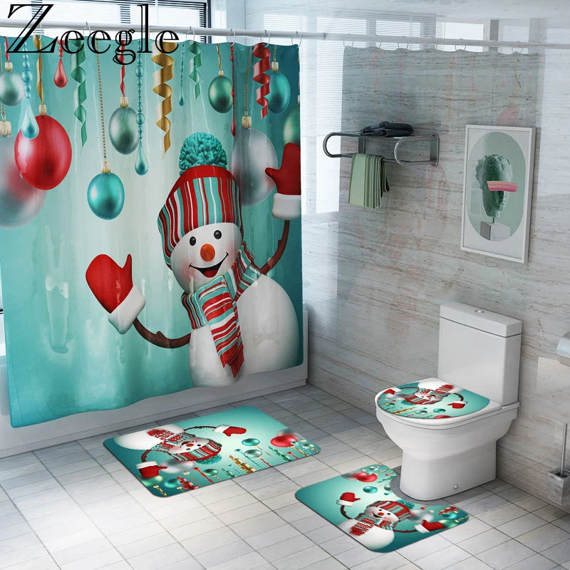 Toilet Pad Cover Bath Rug Christmas Bath Mat Shower Curtain Set for Bathroom Carpet Waterproof Curtain Toilet Cover Bath Mat Set