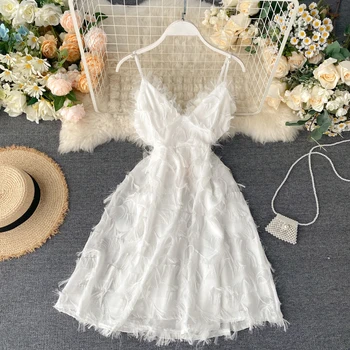 

Dress Women Vestidos Tassel Vening Night Party Dresses Chic Sling Sweet Elegant Fluffy Girl Sexy Backless princess Lace Dress