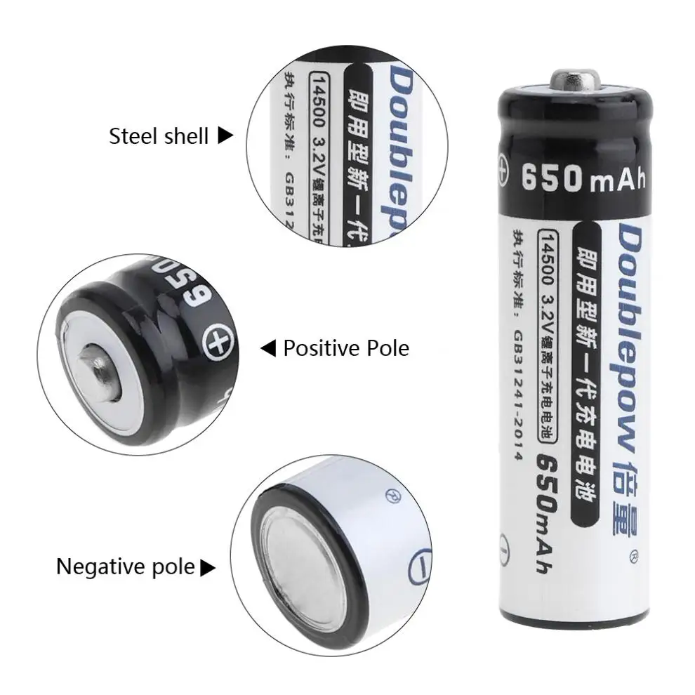 Doublepow 2шт 14500 AA 650mAh 3 2 V LiFePo4 аккумуляторная батарея с 3A зарядный ток для