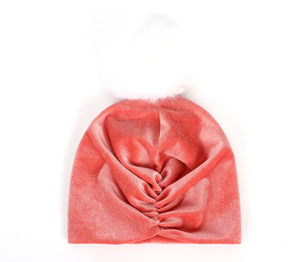 winter baby hat luxury Fox fur 8cm pompom hats beanie boy Girls bonnet winter velvet caps