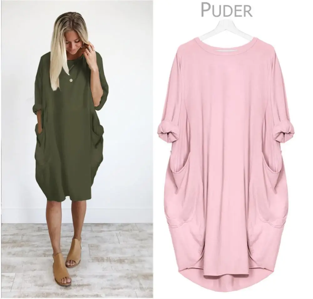

Autumn Womens dresses Pocket Loose Dress Ladies O Neck Casual long girl Tops Dress female fashion big vestido