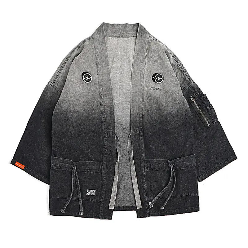 

Kimono Cardigan Men Japan Style Gradient Open Stitch Three Quarter Loose Denim Kimono