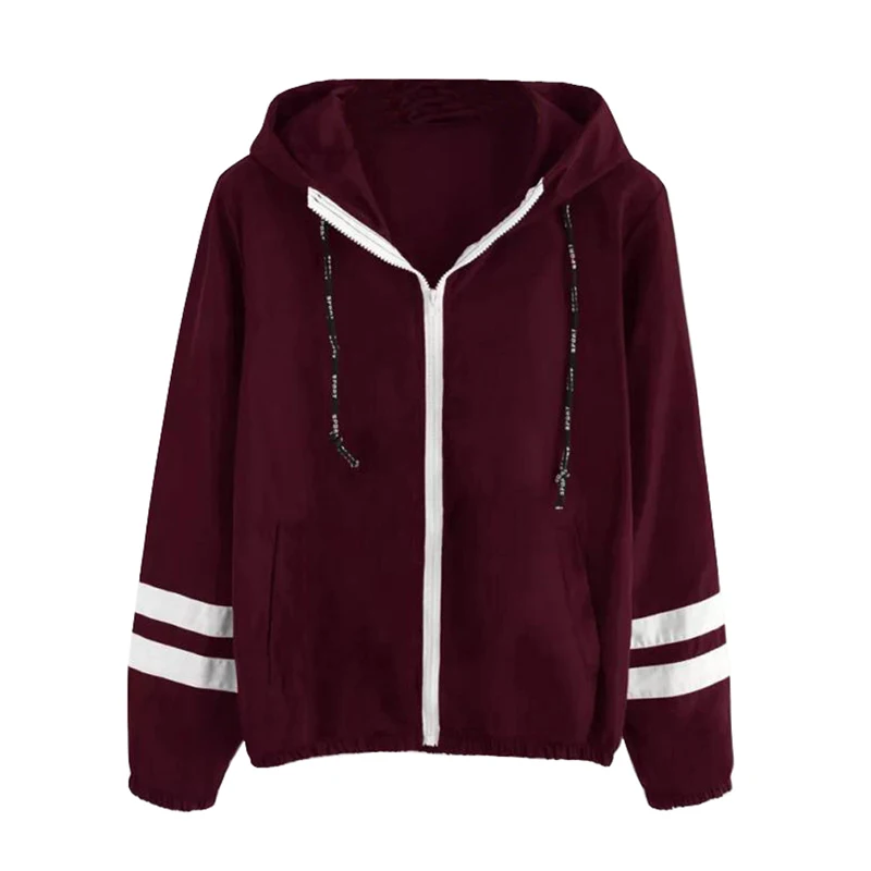 

Women Casual Contrast Ribbons Trim Zip Up Hooded Jacket Double Stripe Drawstring Patched Sleeve Girl Coat Outwear Tracusuit