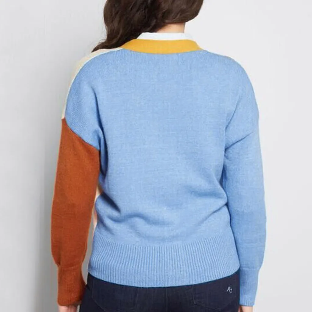 Women Long Sleeve Color Block Pockets V Ncek Button Sweater Cardigans Coat high quality dropshiping W1108