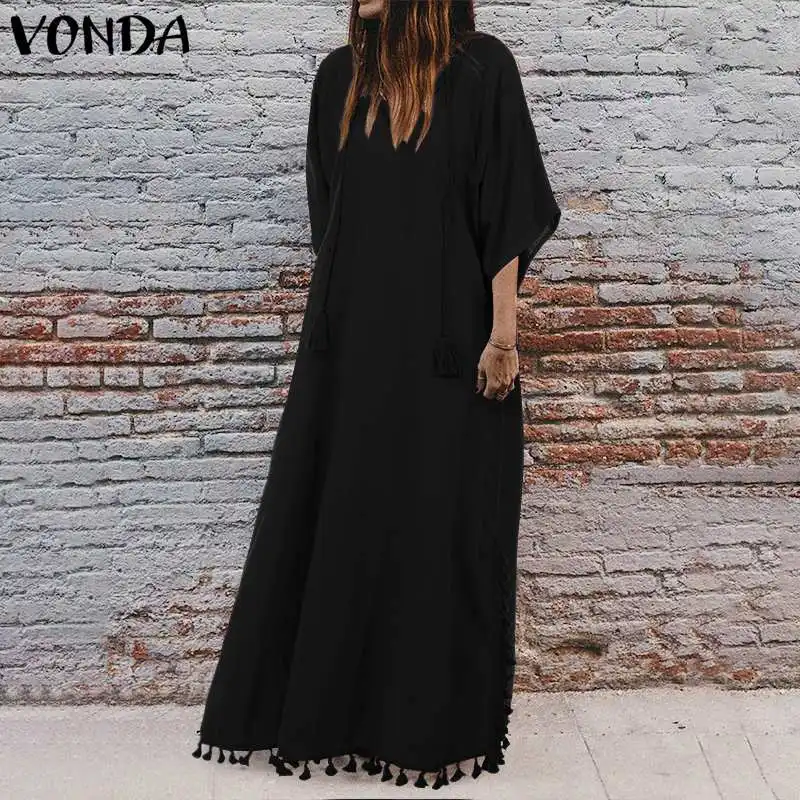 VONDA, женское винтажное Хлопковое платье, повседневное, свободное, с кисточками, вечерние, длинное, макси платье,, летнее, богемное, праздничное, Vestido, мешковатое, сарафан