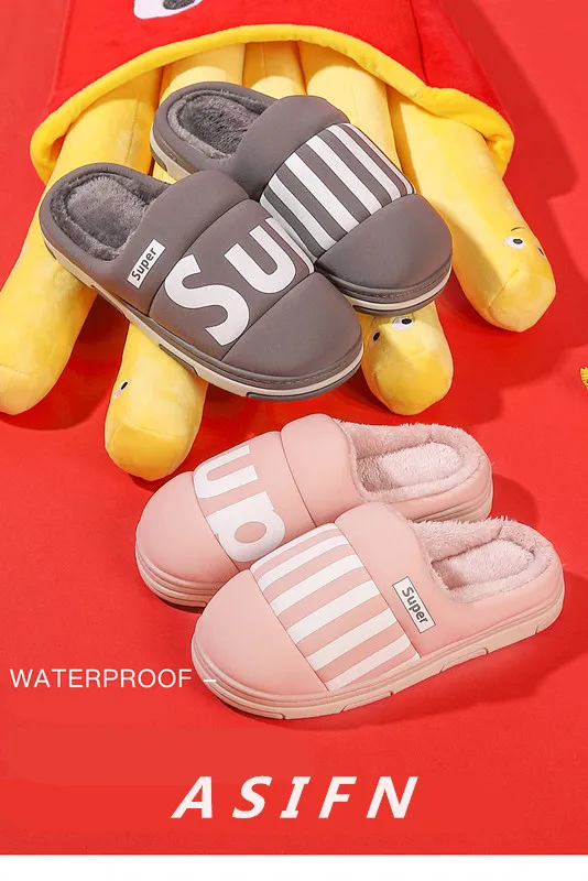 ASIFN Male Slippers with Fur Indoor Cotton Winter Men Waterproof Non-slip Warm Home Half-pack Female Slippers Couple