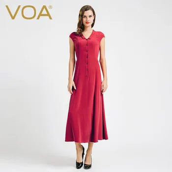 

VOA Deep Red Plus Size High Waist Shirt dress women party woman night summer dresses 100% Heavy Silk Long Spring clothes A6689