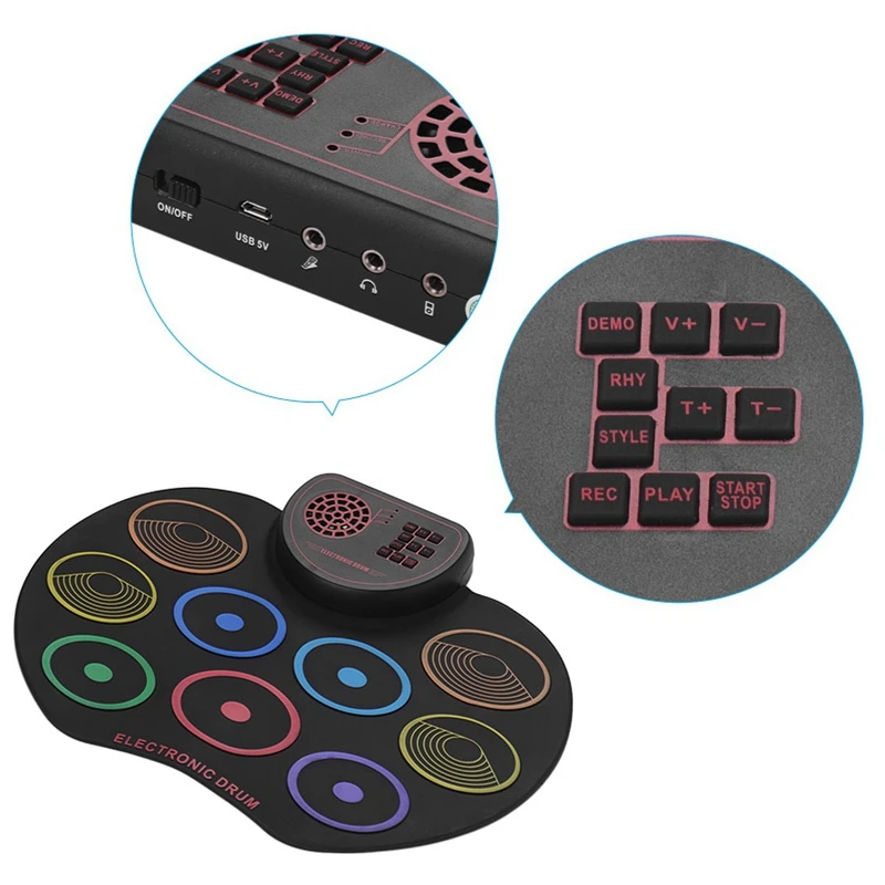 Kit Digital Roll Up Drum Pad portátil electrónico Drum Set USB 9 Drum Pads altavoz incorporado bate