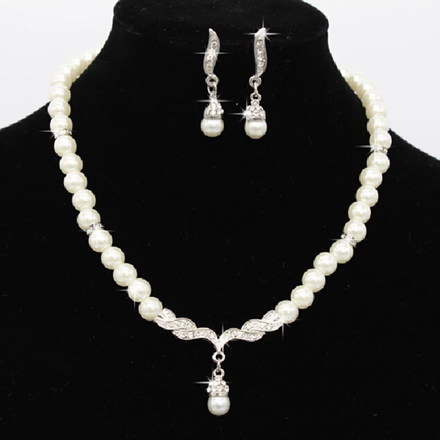 3pcs/set Women Bridal Elegant Wedding Party Pearl Rhinestone Necklace Earrings Jewelry Set New Fashion 3