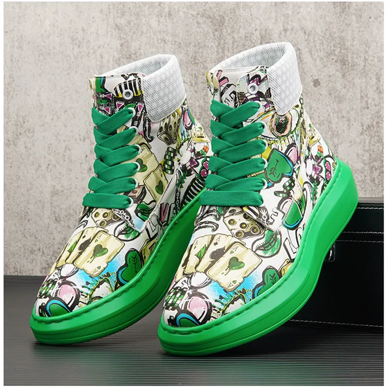 Fashion Print Leather High Tops Punk Men Sneakers Casual Shoes Hip Hop ...