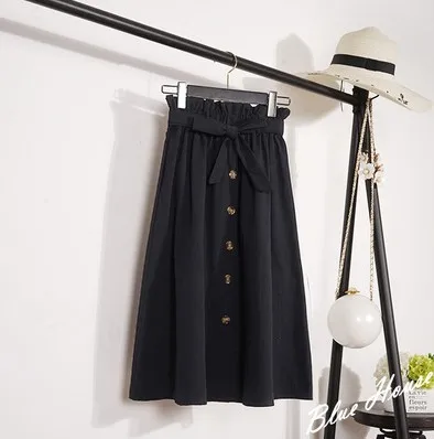 Черный Free Shipping Summer Korean Midi Skirts Women A-Line Jupe Femme Skirts with Button Women Bule Khaki Skirt Pink 6 Colors - Цвет: Черный
