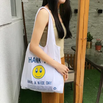 

2020 new shoulder bag cotton and linen thin bag large capacity smiley face package Foldable Reusable Shopping Bag back to school