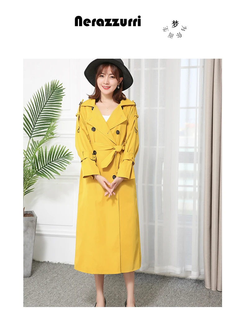 Nerazzurri тренч женский длинный без руковов высокое качество модное пальто для женщин осень двубортное теплое желтый синий красный хаки длинное пальто тренчкот большой размер плащ тренч оверсайз тренч с поясом