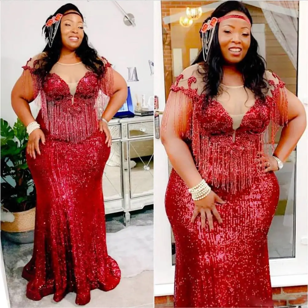 Красный Aso Ebi арабское бургундское блестящее вечернее платье с блестками, прозрачная горловина, бусины Русалка, Выпускные Платья с кисточками, большие размеры, халат de soiree - Цвет: Красный