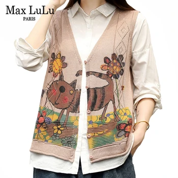 

Max LuLu 2020 New Korean Fashion Designer Ladies Printed Vests Women Casual Sleeveless Sweaters Female Knitted Clothes Plus Size