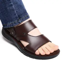 2019 мужские кожаные сандалии большого размера новые модные массажные стельки с металлической пряжкой на толстой подошве нескользящая