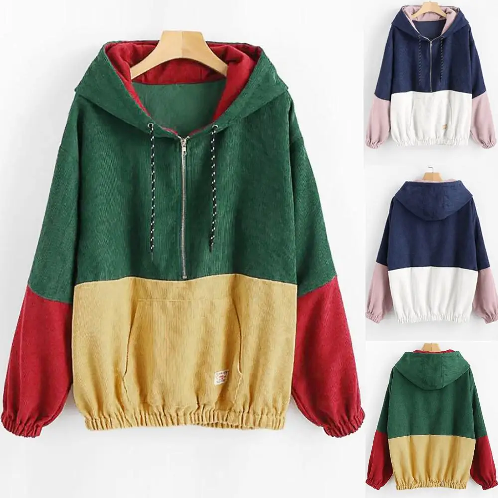 

Women Long Sleeve Splicing Zipper Pockets Cap Casual Sport Coat Hit Color Patched sew windbreaker Top Blouse Simple Sweatshirt#D