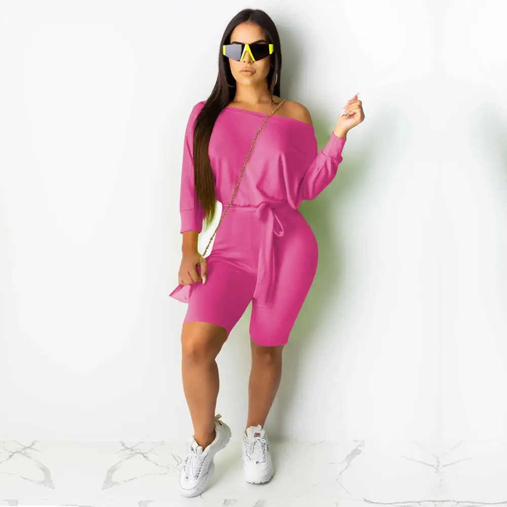 rose red women set Осенний однотонный тонкий комбинезон Повседневный с круглым вырезом и длинными рукавами, бандажный комплект с шортами, элегантный комбинезон с рукавами «летучая мышь» для ночного клуба для женщин - Цвет: rose red women set