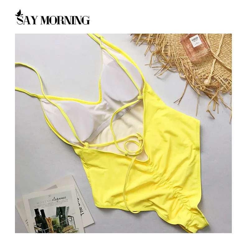 SAY MORNING Sexy Deep V Neck One Piece Swimsuit Removable Chest Pad Biquini Solid Backless Beachwear Swimwear Bathing Swimming-3
