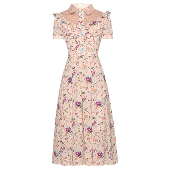 

HIGH QUALITY Newest Fashion 2020 Runway Dress Women's Shirt Collar Gauze Patchwork Charming Floral Print Midi Dress