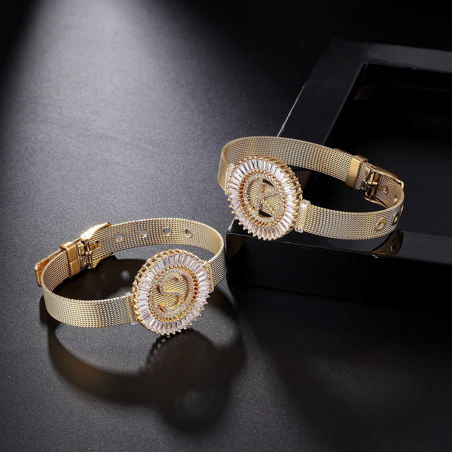 Fashion Stainless Steel Watch Style Bracelet Cubic Zirconia CZ Letter Bracelet Initial Charm Watch Bracelets
