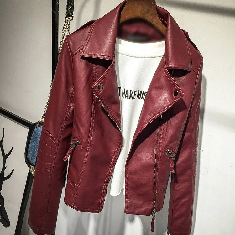 Jocoo Jolee, Женское пальто из искусственной кожи, осенне-зимние куртки из мягкой кожи на молнии, черные тонкие крутые женские Куртки из искусственной кожи - Цвет: Красный