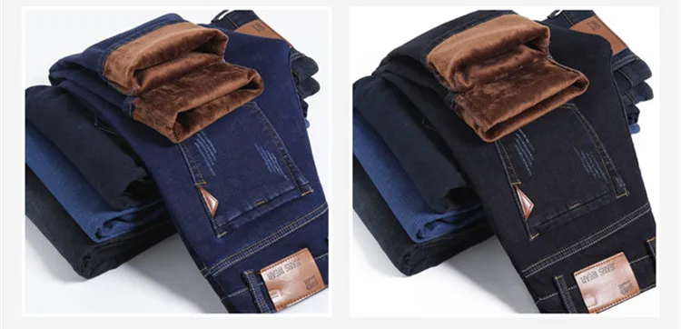 Зимние новые мужские вельветовые прямые джинсы плюс бархатная подкладка Теплые повседневные потертые джинсы трендовые уличные Большие размеры синие мужские джинсы