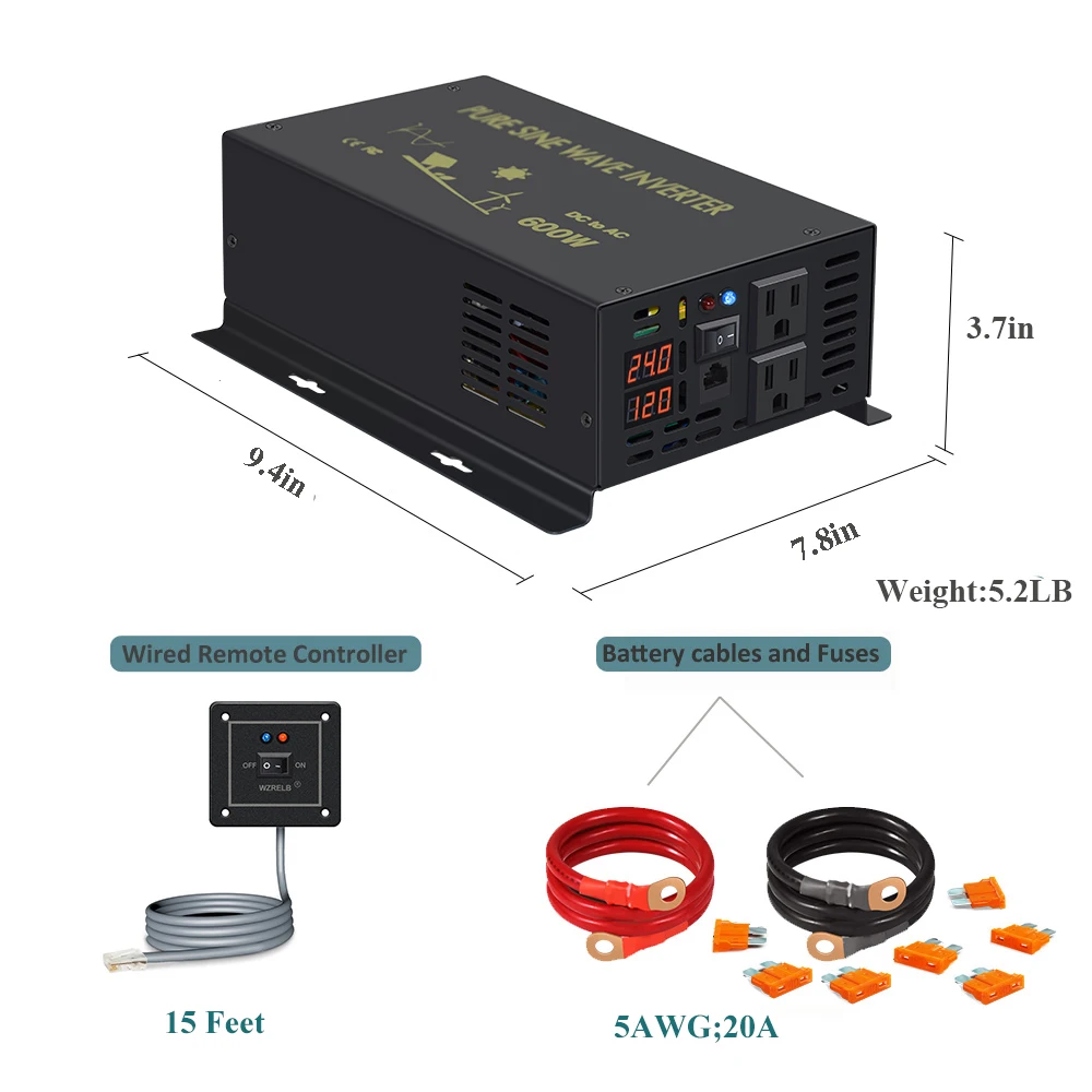 Description Picture 5 of itemWired Control Pure Sine Wave Inverter 600W Solar Panel Inverter Battery 12V/24V/48V/96V/110V DC to AC 120V/220V/240V Converter