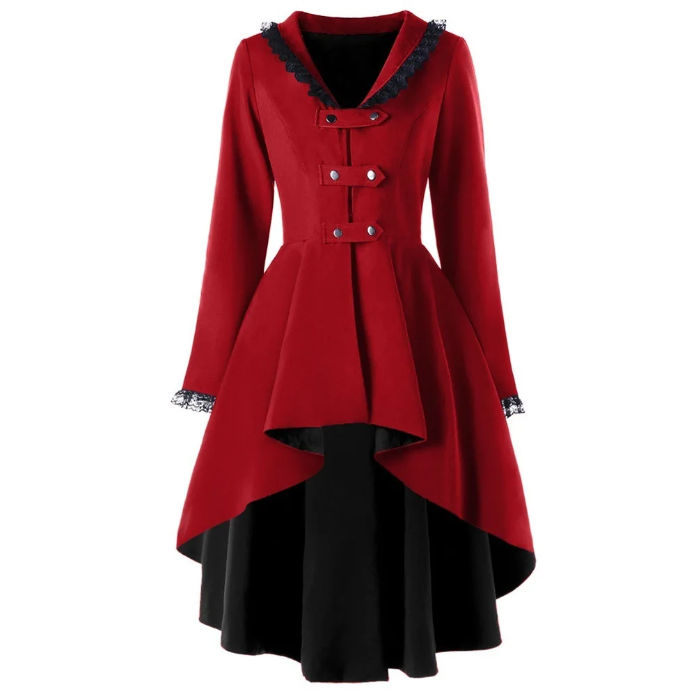 Тренч, женское готическое пальто, Черное длинное шерстяное пальто на шнуровке сзади, ветровка для женщин, косплей на Хэллоуин, вечерние пальто, Готическая верхняя одежда