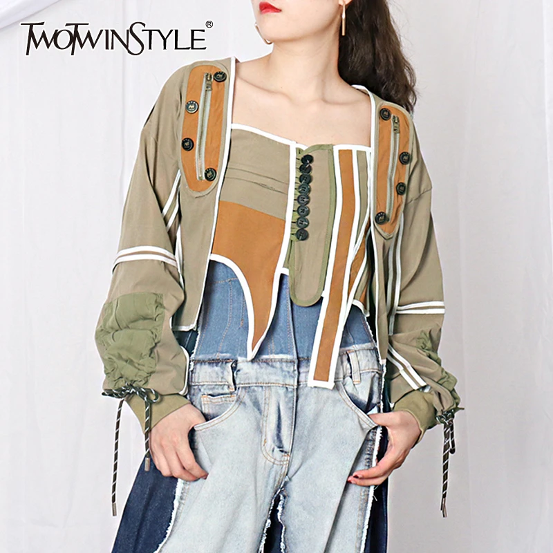 Женская Асимметричная куртка TWOTWINSTYLE голубая повседневная составного кроя с