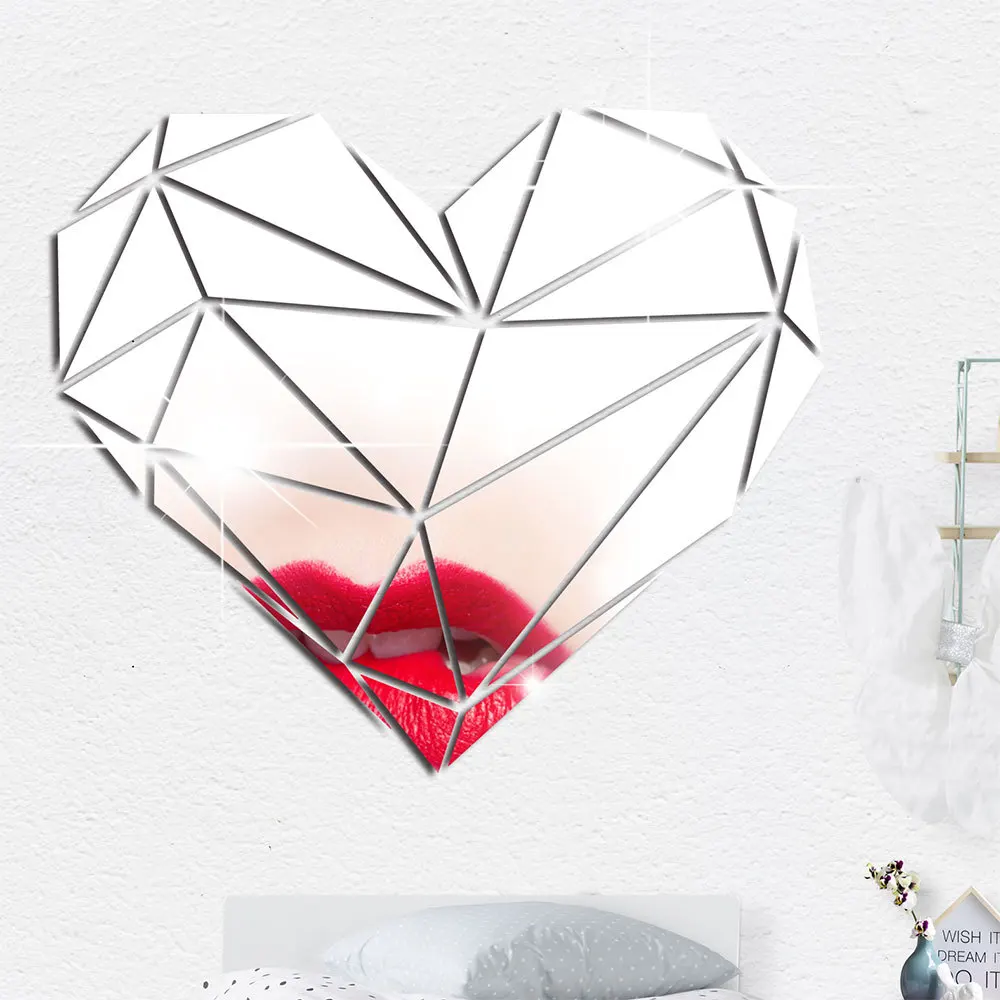 Heart Acrylic Mirror Wall Stickers 3D Creative Geometric Puzzle Heart Decoration Living Room Bedroom Art Wall Acrylic Decor