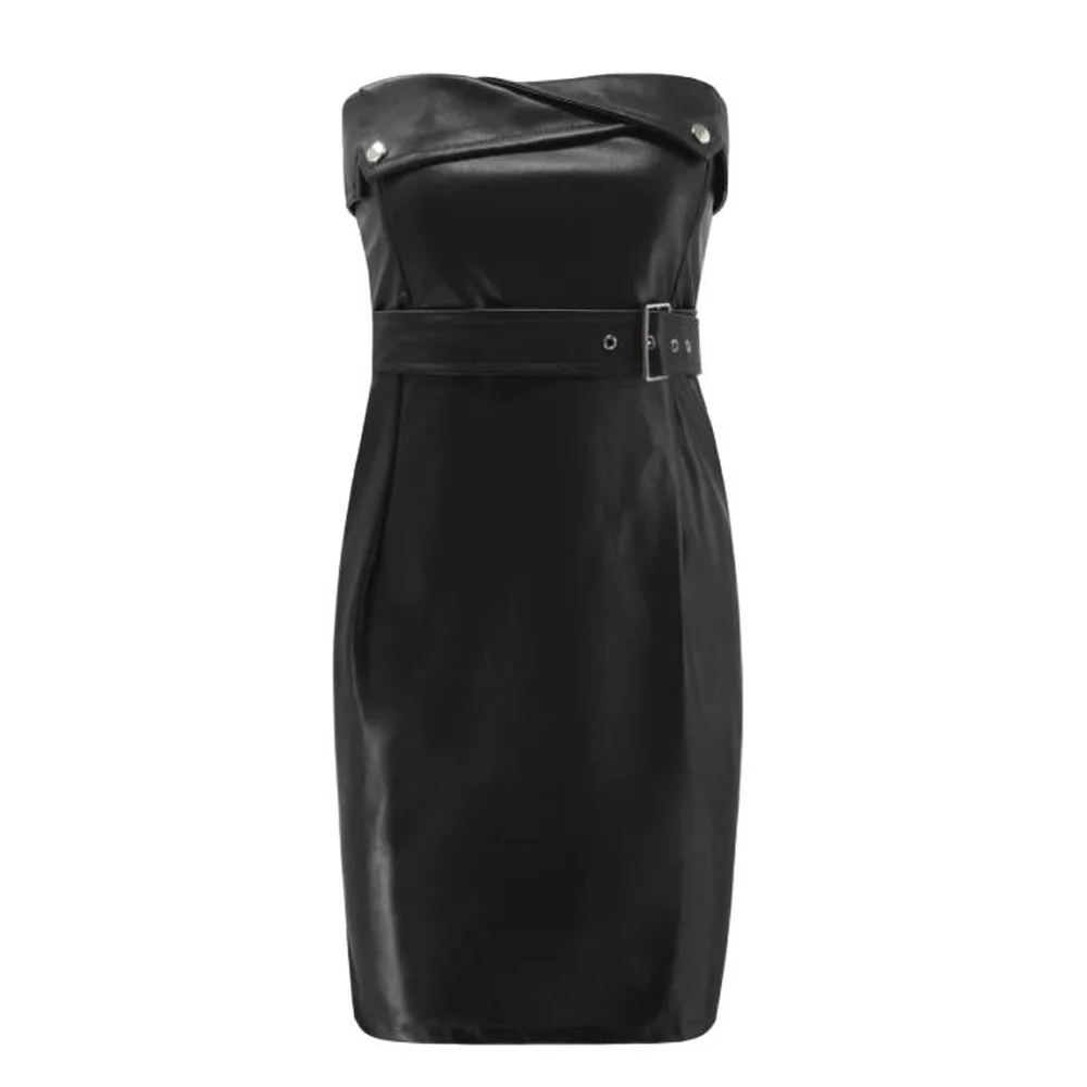 Blue Red Black PU Leather Dress Women Sexy Strapless Slim Fit Bodycon