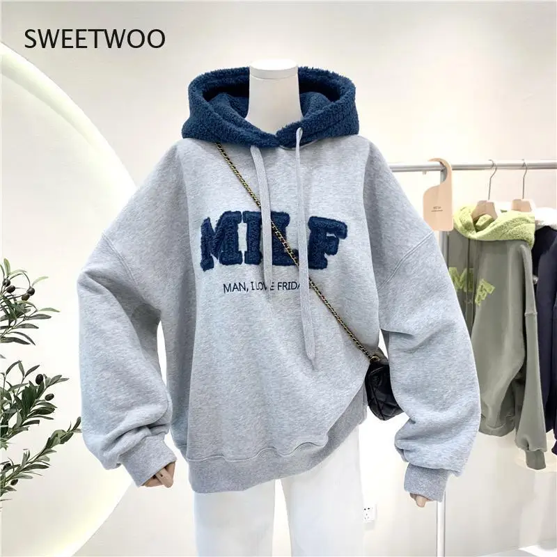 Stitching Lamb Hair Plus Velvet Thick Bf Wind Hooded Sweater Winter 2021 Korean Version of Loose  Lazy Wind Jacket Women