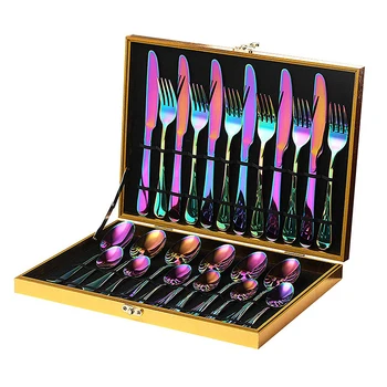 

RU 24pcs Rainbow Tableware Wedding Rainbow Dinnerware Set Colorful Cutlery Portable Party Gift Dinner Knives Fork Spoon Teaspoon