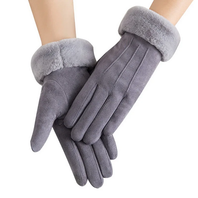 grey2 Loozykit зимние перчатки женские замшевые бархатные толстые перчатки для сенсорного экрана полный палец велосипедные однотонные спортивные походные уличные перчатки варежки - Цвет: grey2