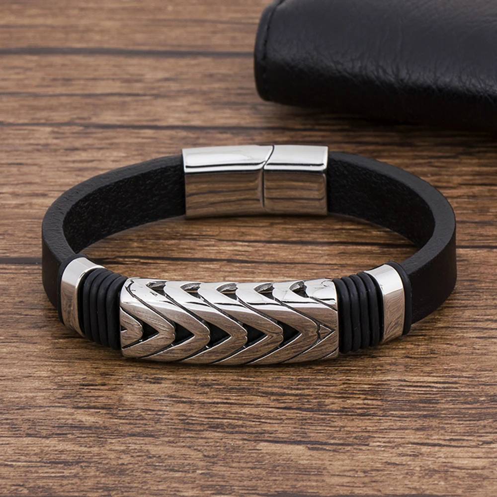 Stainless Steel Magenet Charm Black Genuine Leather Bracelet Jewelry - Image 2