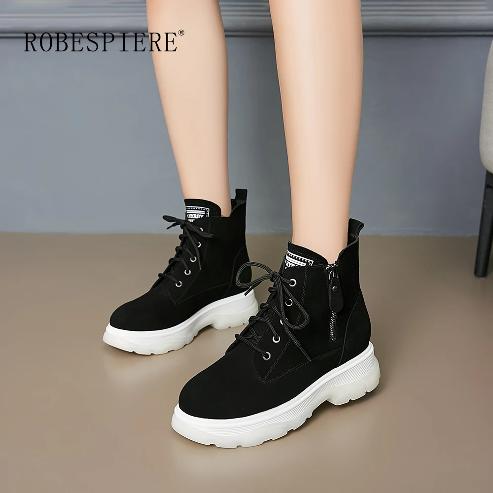 

ROBESPIERE New High Quality Cow Suede Classic Round Toe Ankle Boots Zipper Lace Up Shoes Woman Casual Platform Snow Boots B49