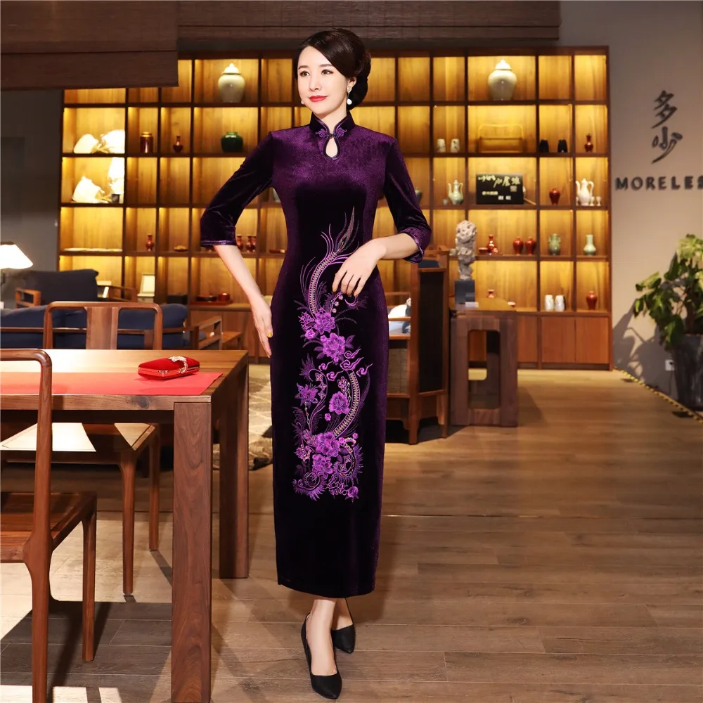 Шанхай история бархат Cheongsam китайское платье вышивка Qipao длинное